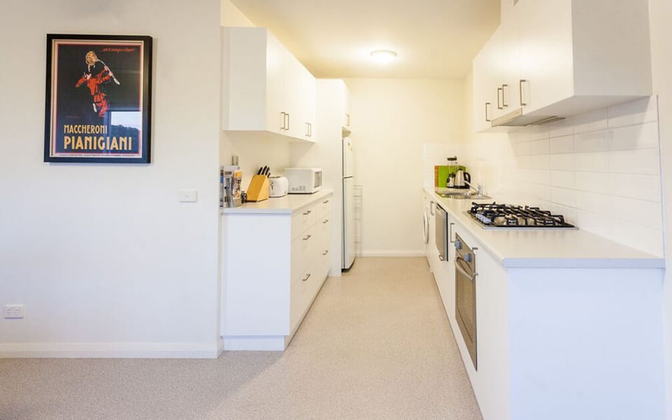 Full-size fridge, microwave, stovetop, dishwasher