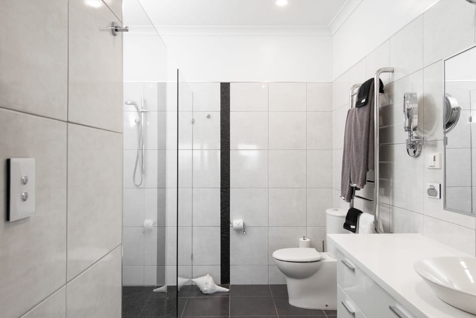 Shower, free toiletries, hair dryer, bathrobes