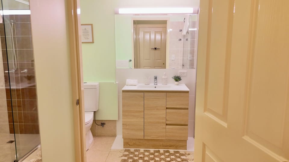 Shower, free toiletries, hair dryer, towels