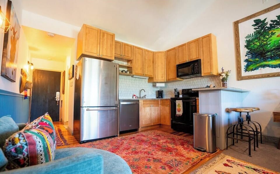 I brought this rug back from Morocco! It's from the high Atlas mountains and I actually still talk with the Berber family that made this and others in Octo Loco. We are so lucky to have a bespoke little home in the best part of Park City and we are delighted to share the happy vibes with you. Aloha!