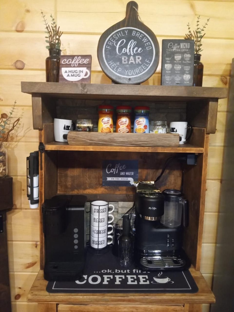 Fully stocked coffee bar with complimentary starter set coffee & tea.