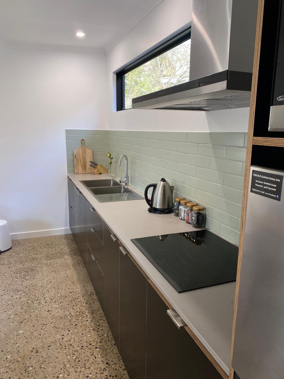 Espresso maker, coffee/tea maker, full-size fridge, microwave