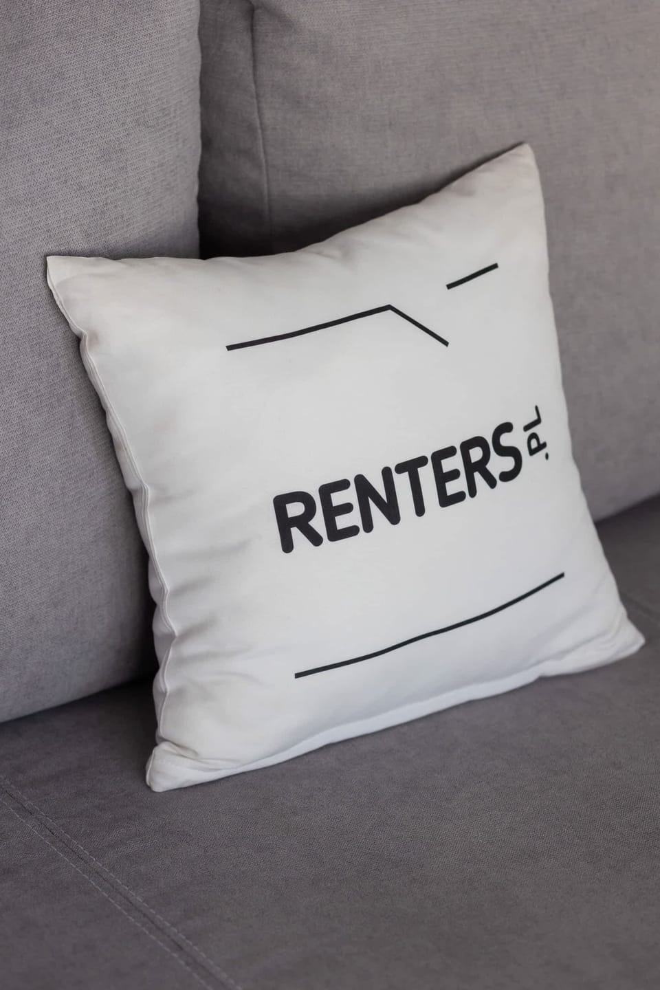 A decorative pillow on a sofa with the words "RENTERS" adding a stylish touch.

