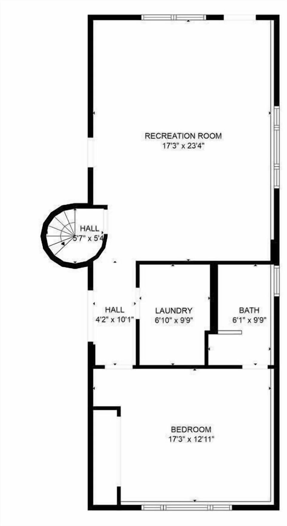 This layout shows the space that includes a living room and kitchen area where it says (Recreation Room), along with the king bedroom, bath and laundry area.