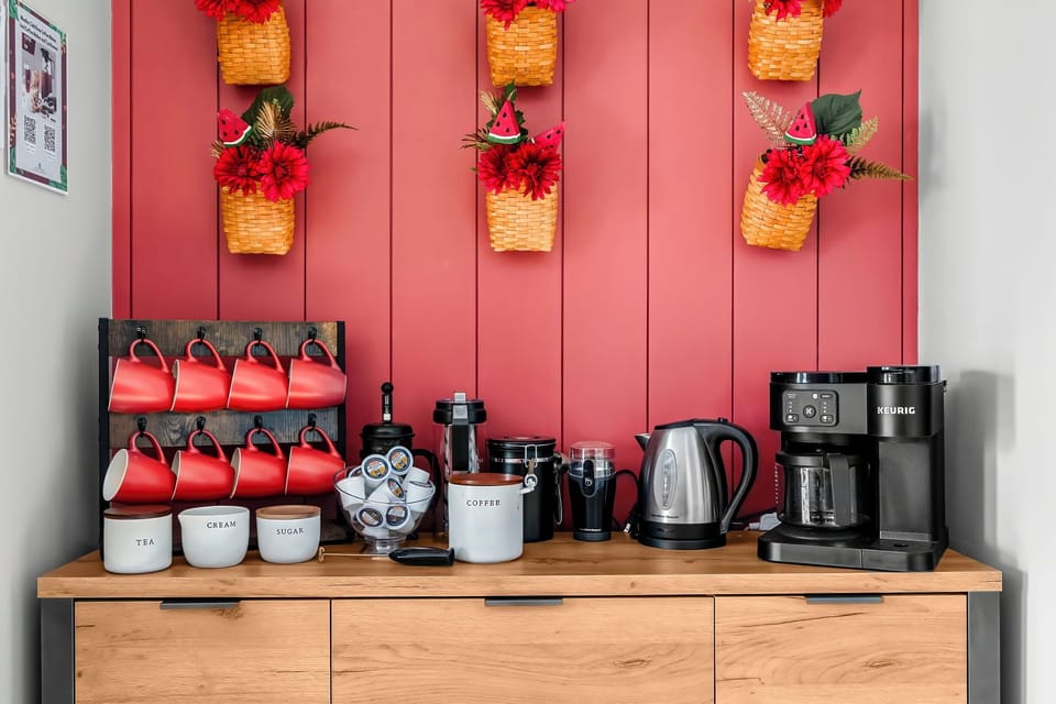 Start your day at our charming coffee nook, fully stocked w/ a Keurig K-Cup pod 
