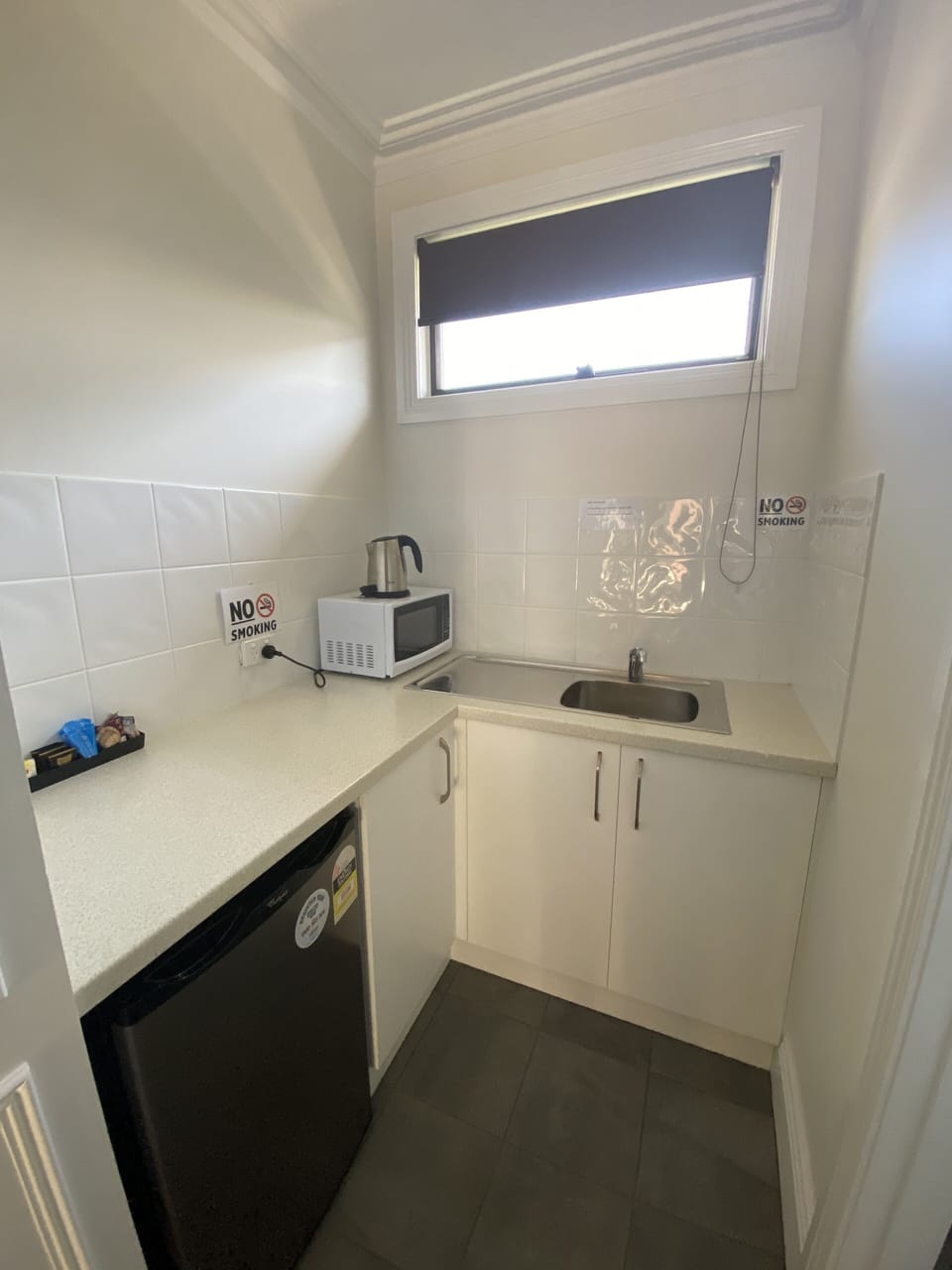 Mini-fridge, microwave, toaster
