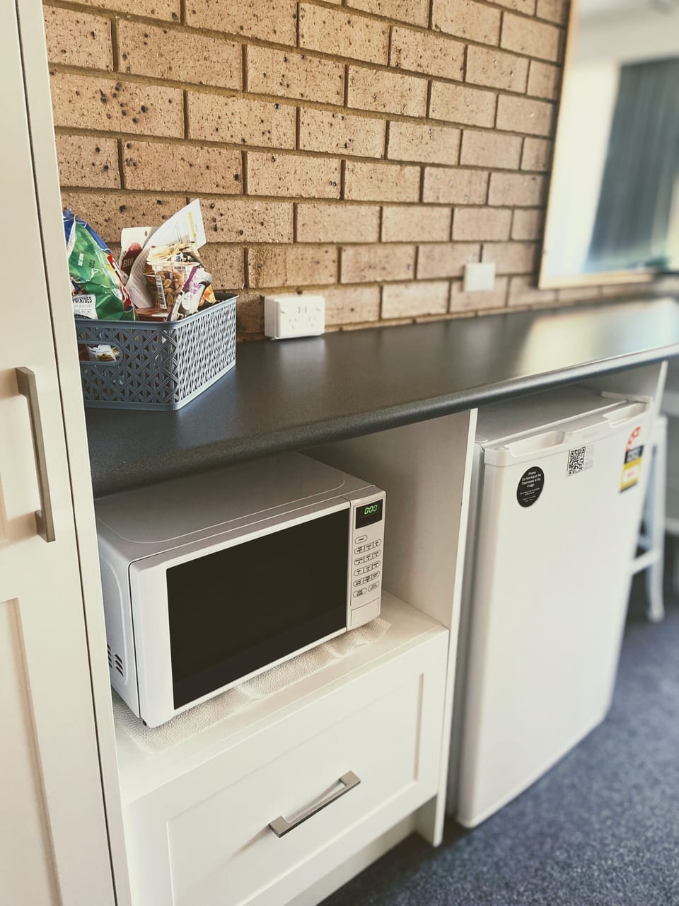 Fridge, microwave, electric kettle, toaster