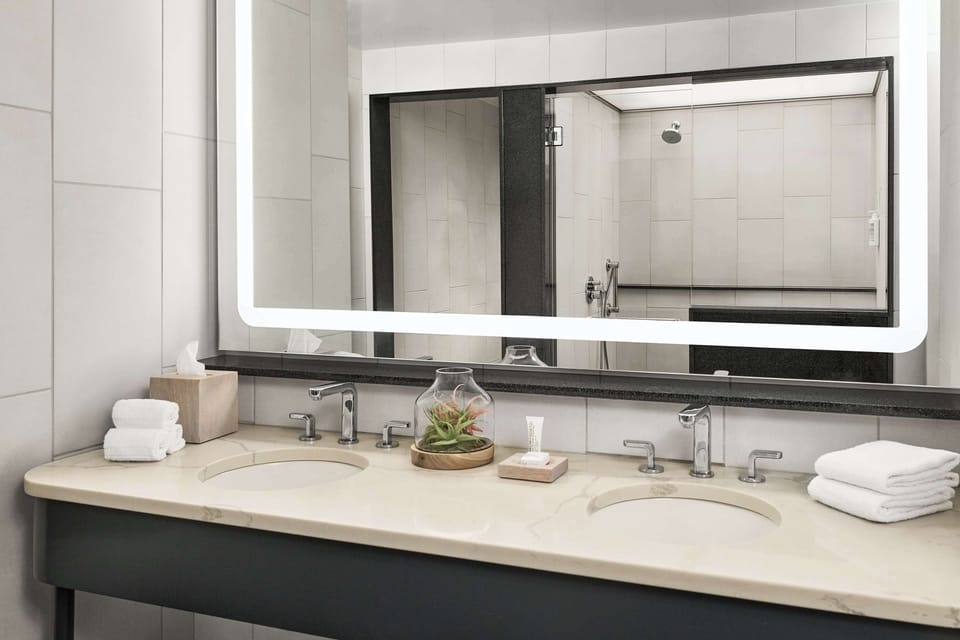 Combined shower/tub, free toiletries, hair dryer, towels