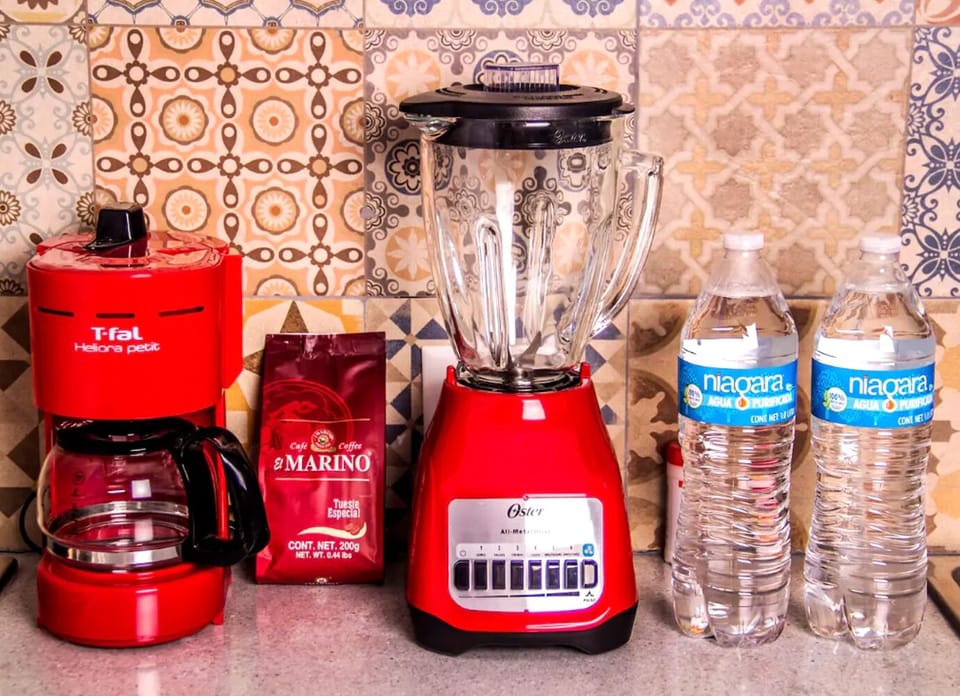 Microwave, stovetop, coffee/tea maker, blender