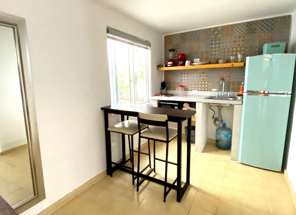 Microwave, stovetop, coffee/tea maker, blender