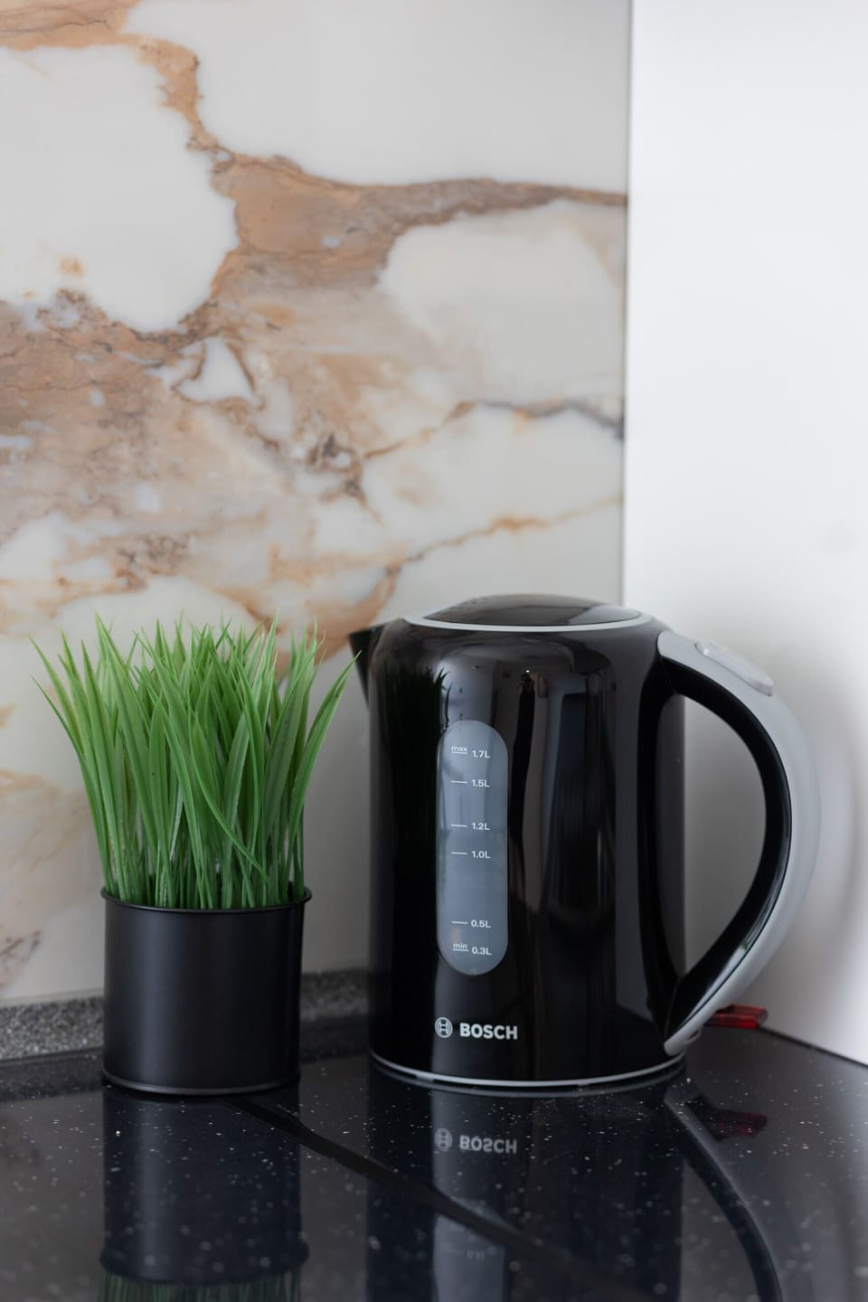 A detailed shot of a black kettle and small decorative plants on the kitchen counter.


