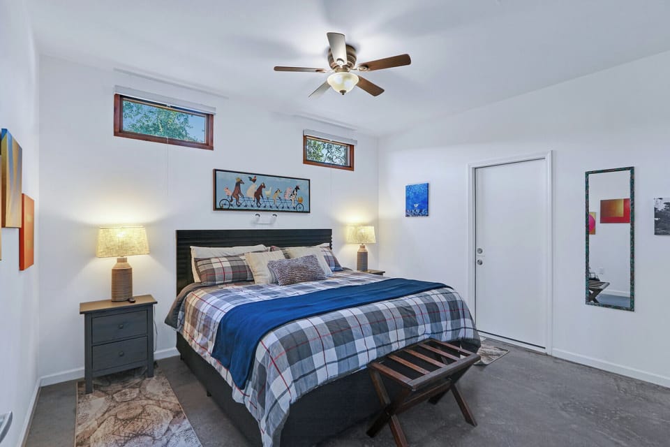 The bedroom has a king bed.