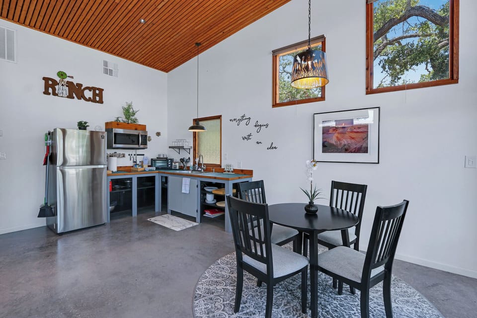View from the entry door looking right.  The dining table and kitchen are on this side of the cabin.