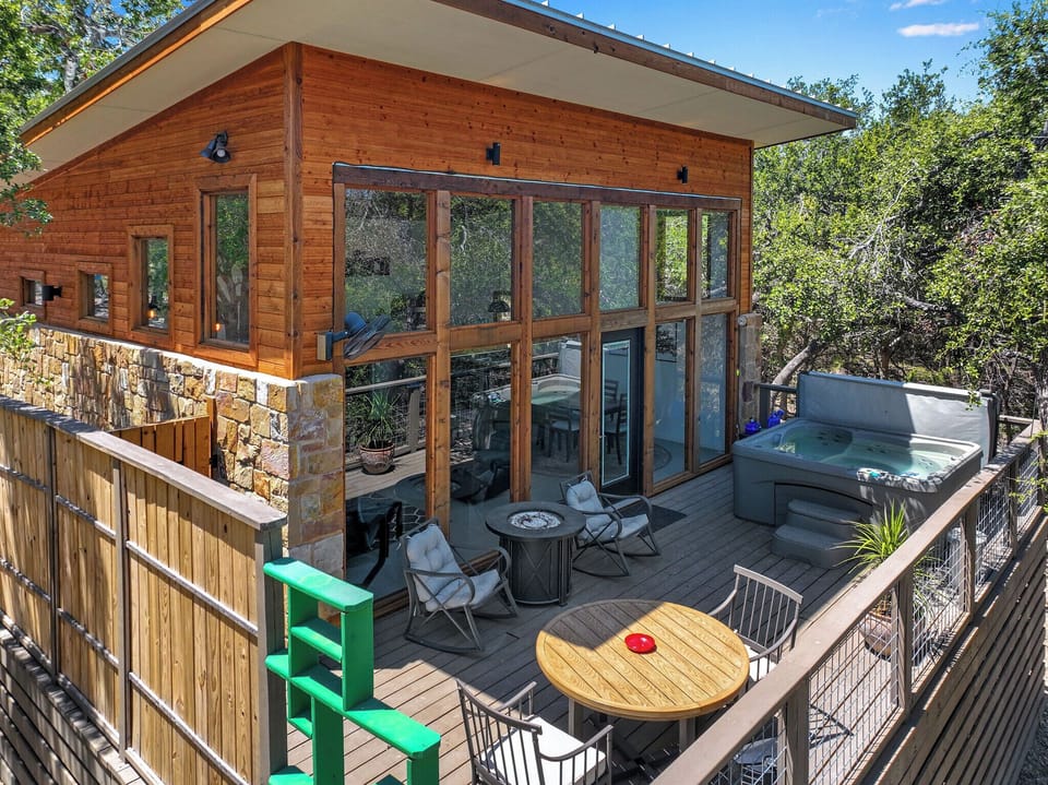 Aerial view of the front porch and entry to the Arbor Casita.