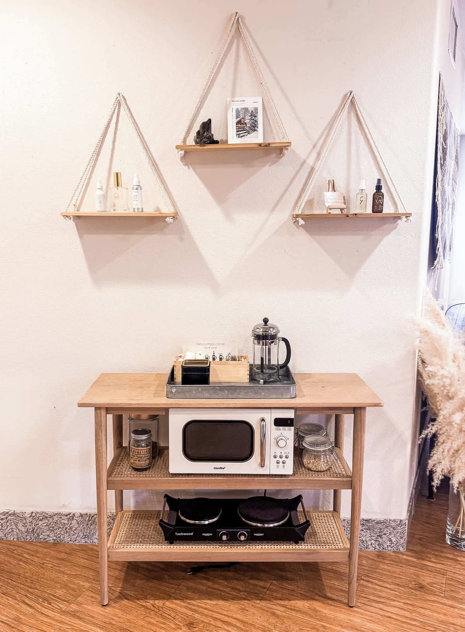Microwave, Double Burner Hot Plate, and Hexclad Pots and Pans provide everything you need to cook a healthy meal. 