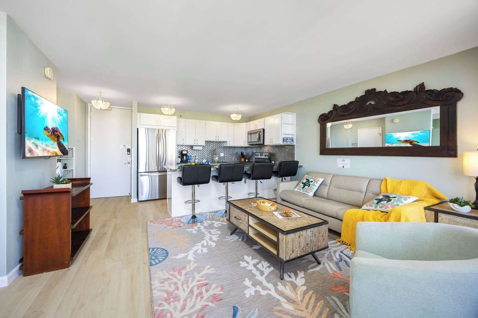 Your unit has a sleeper sofa, a 50" smart TV, a full kitchen, and a dining area for 4.