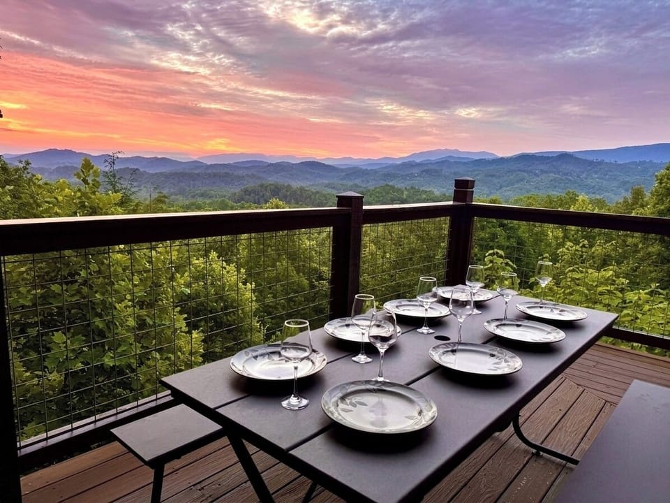 Family meals are unforgettable on the Heartbreaker Cabin’s Mountain View deck overlooking the Great Smoky Mountains!