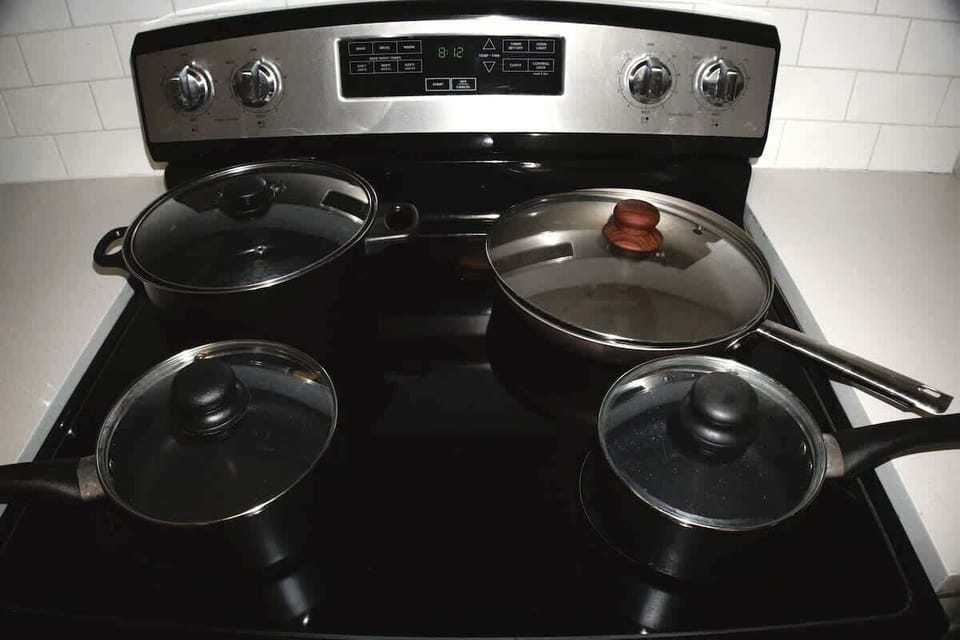 Kitchen with:
Keurig coffee Maker
K-Pods with Breakfast Blend & Decaf
Oven/Stove
Full French Door Refrigerator
Dishes, Pots, Plates, Cups, & Silverware
Knife set and cutting board