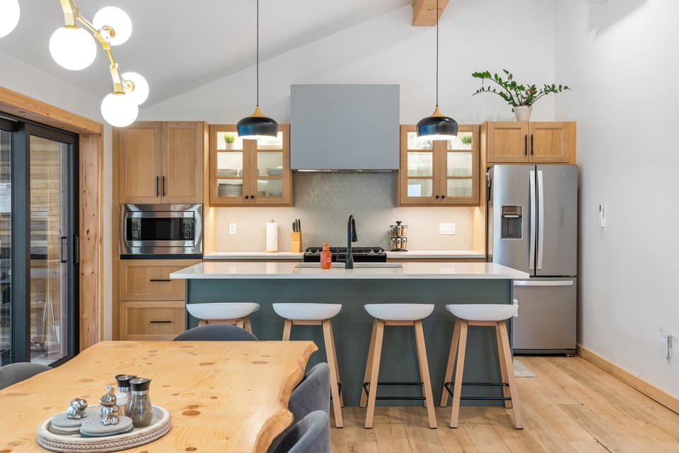 The fully stocked kitchen has everything you need for home cooking.