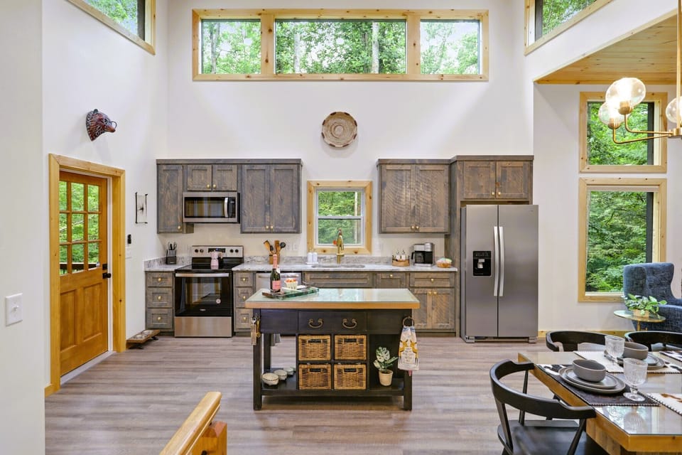 Light and bright with ultra high ceilings.