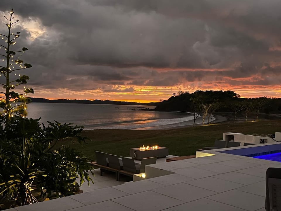 Lower Terrace at sunset with the gas fireplace on.
