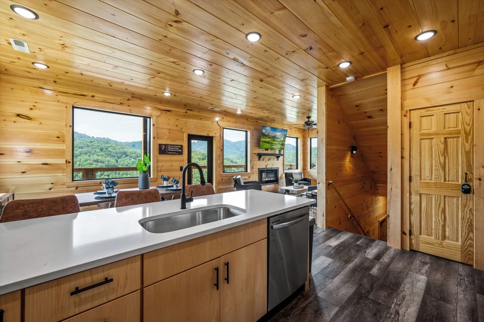 Kitchen open to dining and living room
