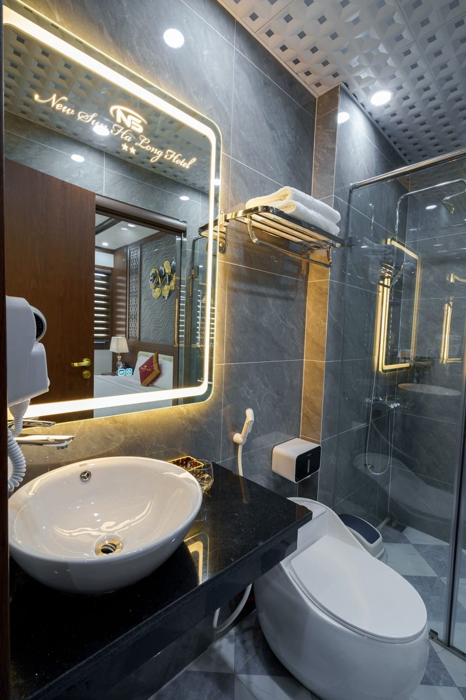 Shower, hydromassage showerhead, hair dryer, bathrobes