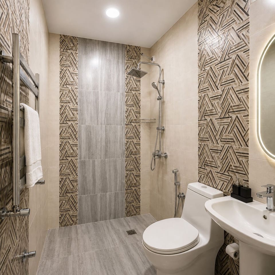 Shower, rainfall showerhead, free toiletries, hair dryer
