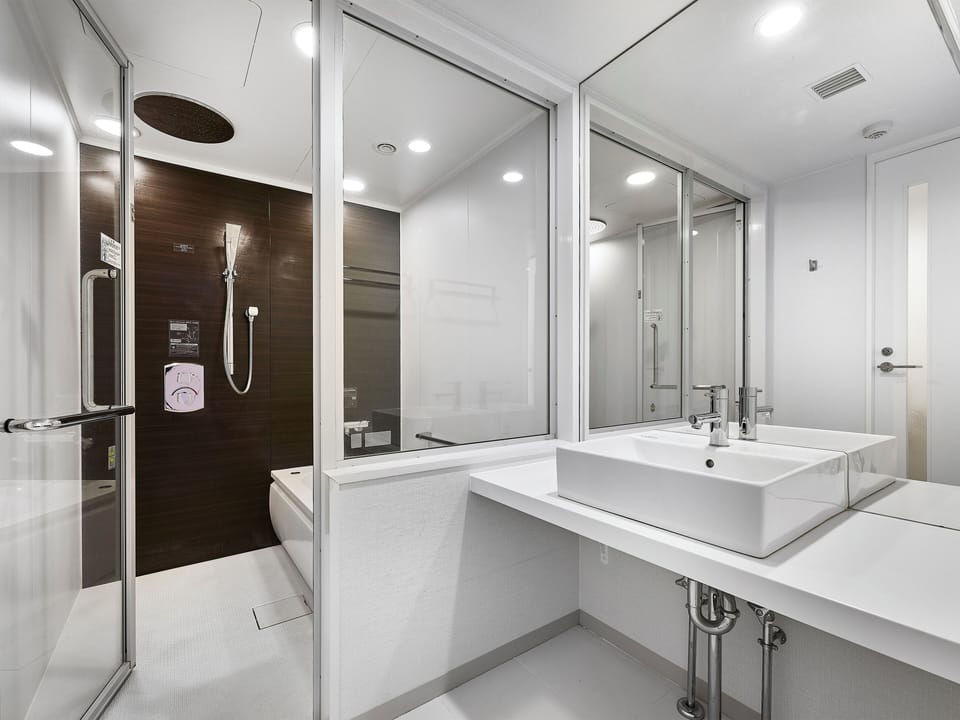 Combined shower/tub, free toiletries, hair dryer, slippers