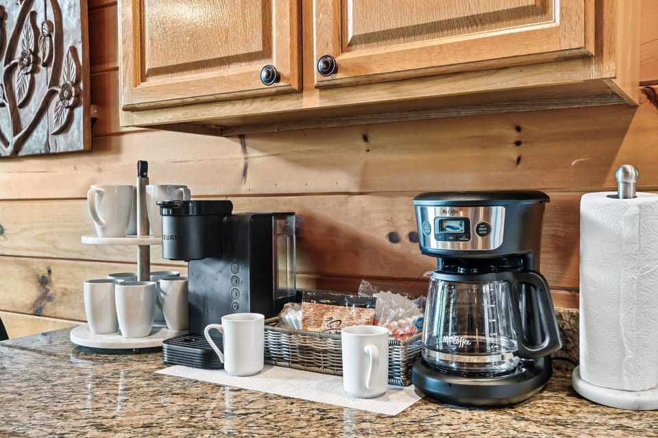 Coffee pot and Keurig for your morning cup of coffee or tea. 