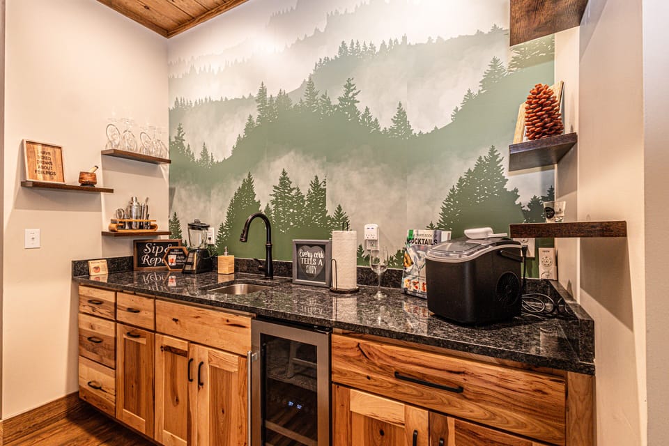 A huge wet bar and wine cooler. 