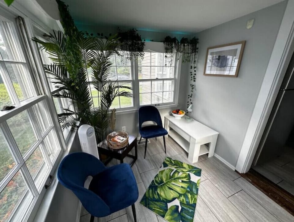 Daytime view of your peaceful sunroom workspace — perfect for reading, journaling, or remote work with a view.