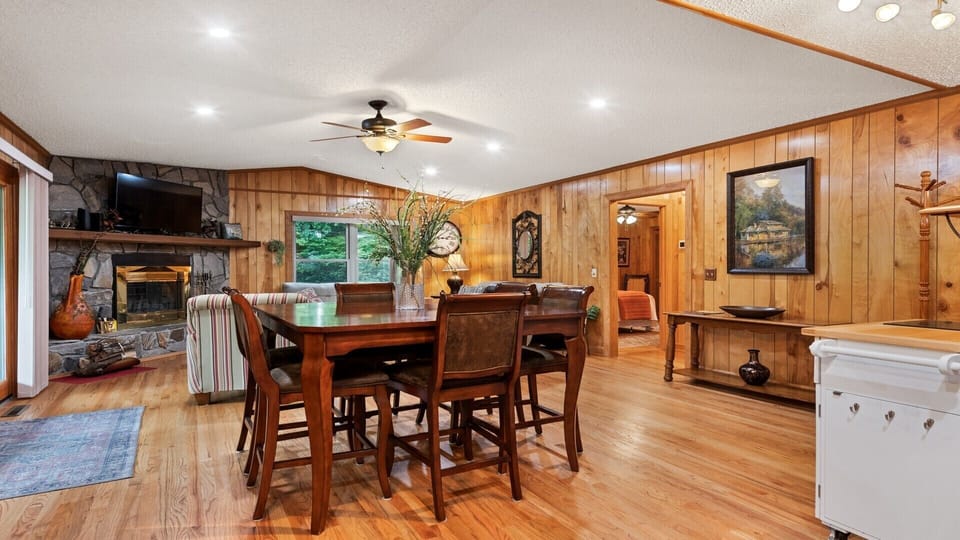 View from kitchen into dining and living area