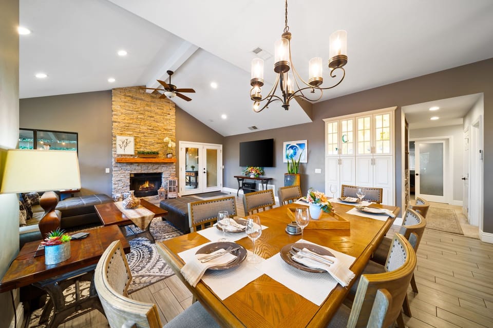 The dining area boasts elegant seating for eight.