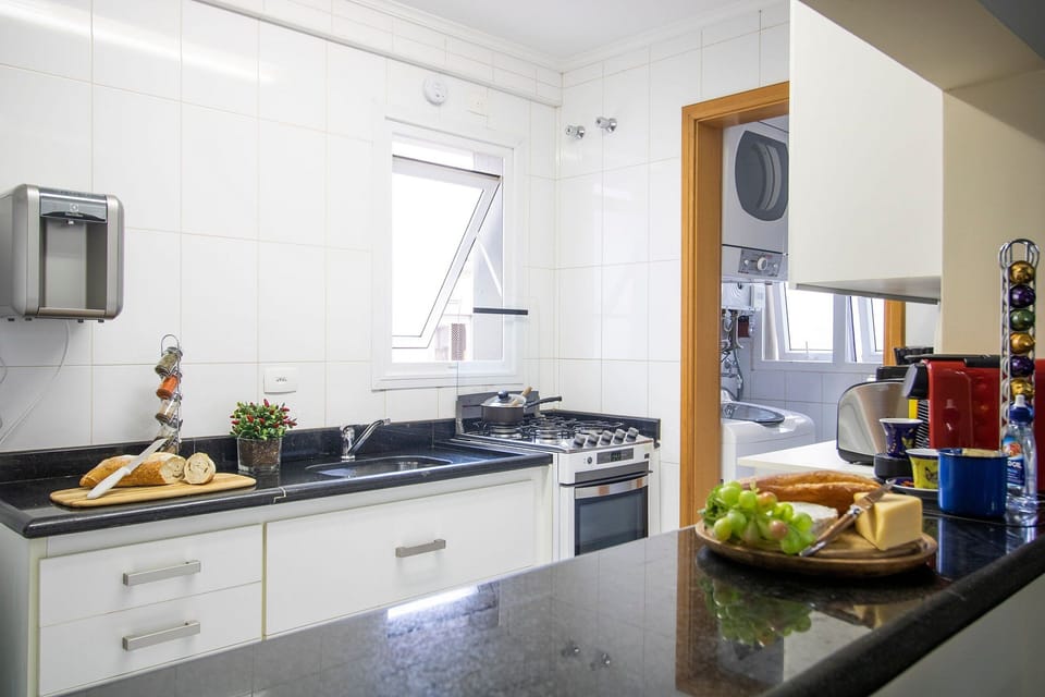Fridge, microwave, toaster, cookware/dishes/utensils