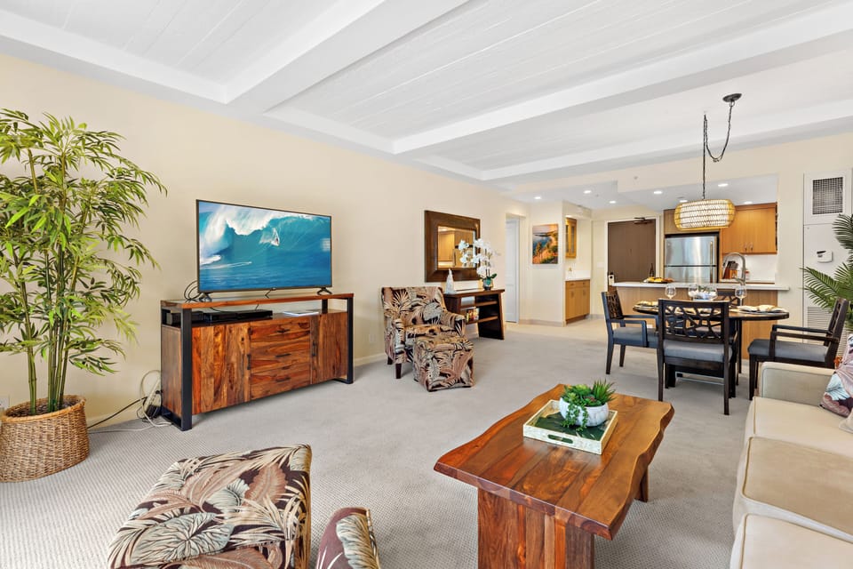 Open, airy living area designed for effortless island relaxation. A comfortable space to gather, unwind, and enjoy every moment of your Maui getaway.