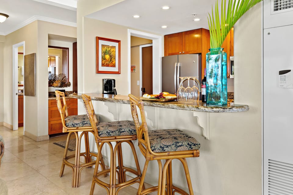 Everything you need, right at your fingertips. A fully equipped kitchen stocked with all the essentials. Perfect for cooking your favorite meals in paradise.