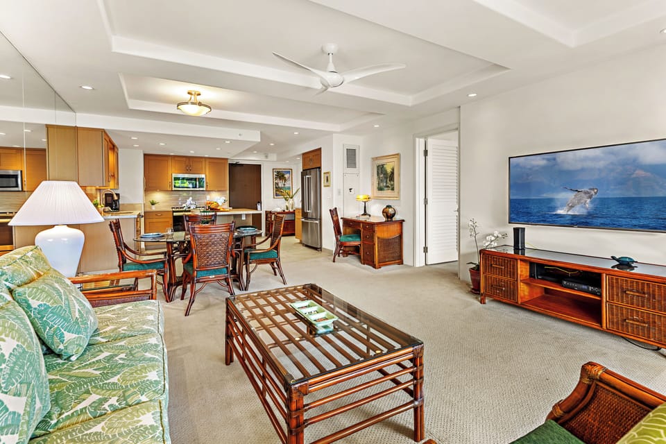 Open, airy living area designed for effortless island relaxation. A comfortable space to gather, unwind, and enjoy every moment of your Maui getaway.