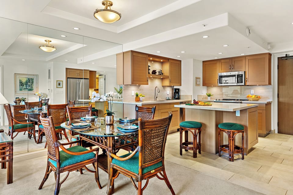 Cook with ease in a thoughtfully designed, fully equipped kitchen. Featuring modern appliances, ample counter space, and all the essentials you need, from quick island breakfasts to full home-cooked dinners.