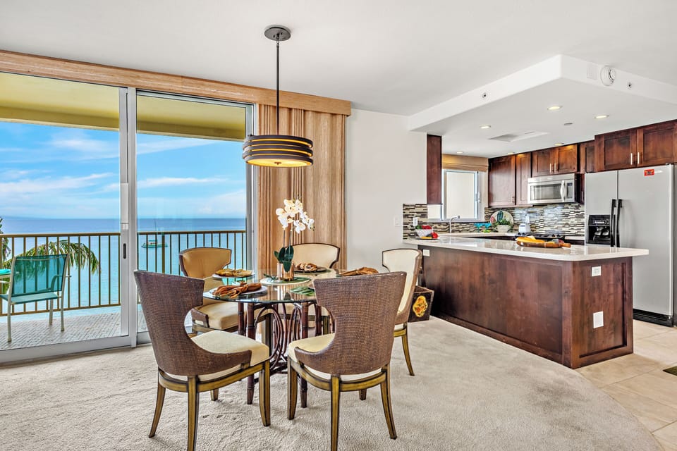 Enjoy meals with a view in the elegant dining area, perfectly positioned to capture breathtaking ocean scenery and unforgettable Maui sunsets.