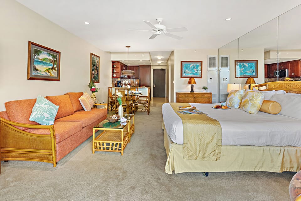 Spacious living area featuring a comfortable pull-out sofa sleeper