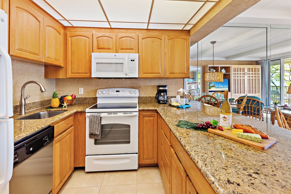 Everything you need, right at your fingertips. A fully equipped kitchen stocked with all the essentials. Perfect for cooking your favorite meals in paradise.