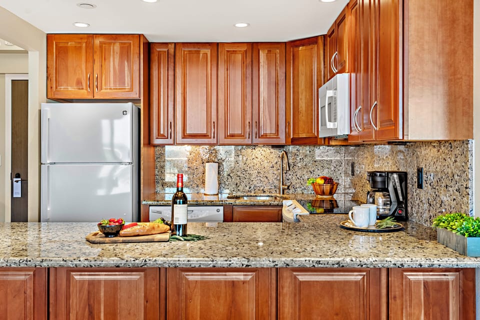 Whether preparing a quick breakfast or a gourmet dinner, this fully equipped kitchen combines functionality, style, and convenience for your Maui getaway.