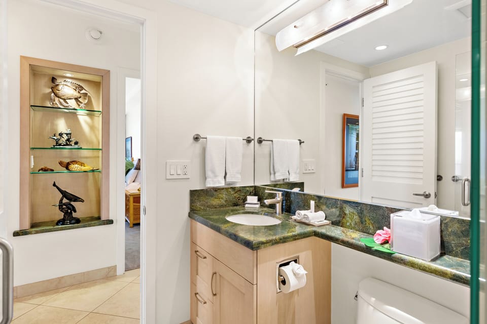An elegantly designed guest bathroom that blends style and functionality for a relaxing experience. Rich stone countertops, beautifully crafted wood cabinetry, and a soothing neutral color palette create a warm, welcoming ambiance.