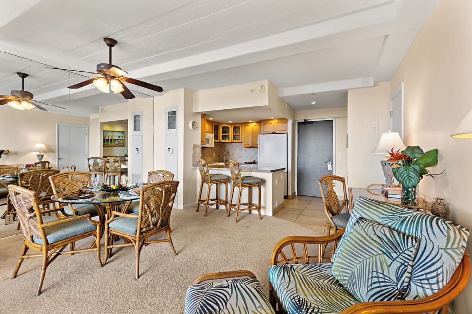 Open, airy living area designed for effortless island relaxation. A comfortable space to gather, unwind, and enjoy every moment of your Maui getaway.