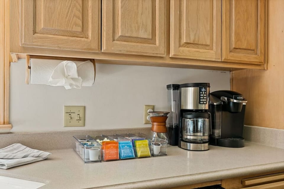 Coffee station equipped with Keurig, Regular, and a Pour Over.