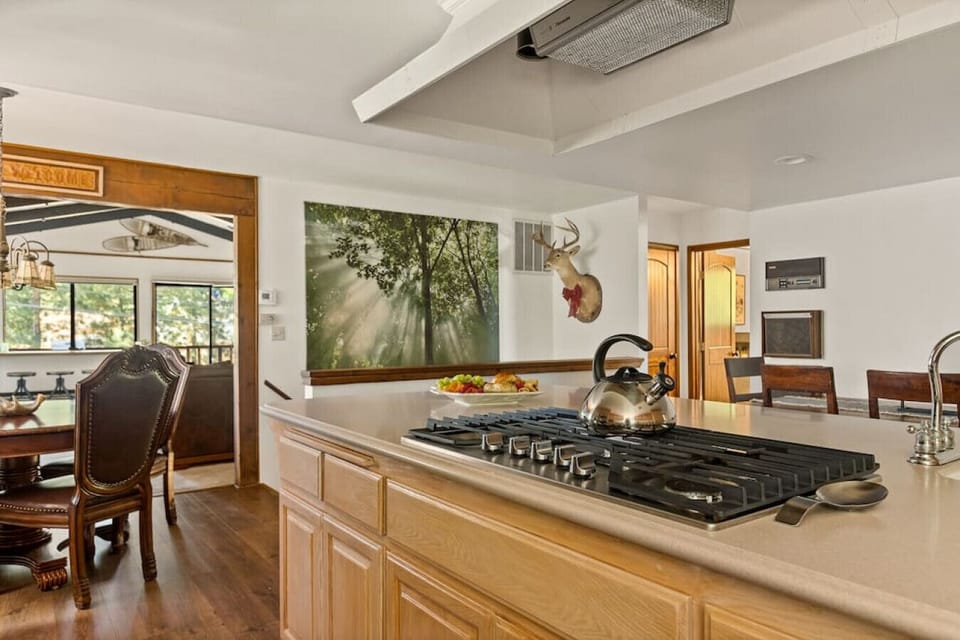 Rustic kitchen with island stove.