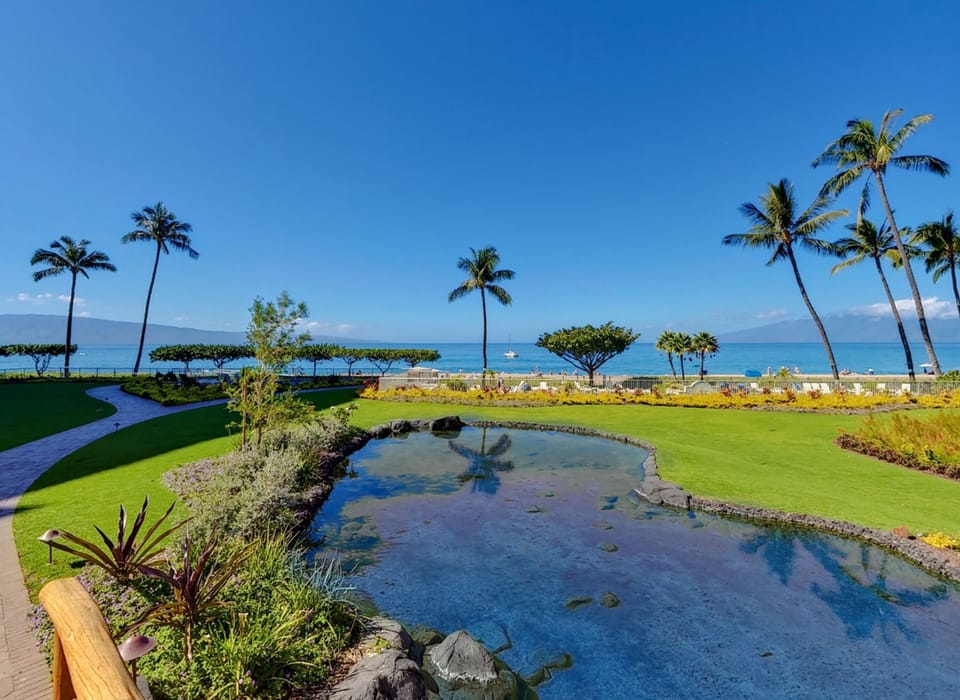 The property features beautifully landscaped grounds with a tranquil pond, swaying palms, and stunning oceanfront views, offering a serene tropical retreat along the scenic waterfront.