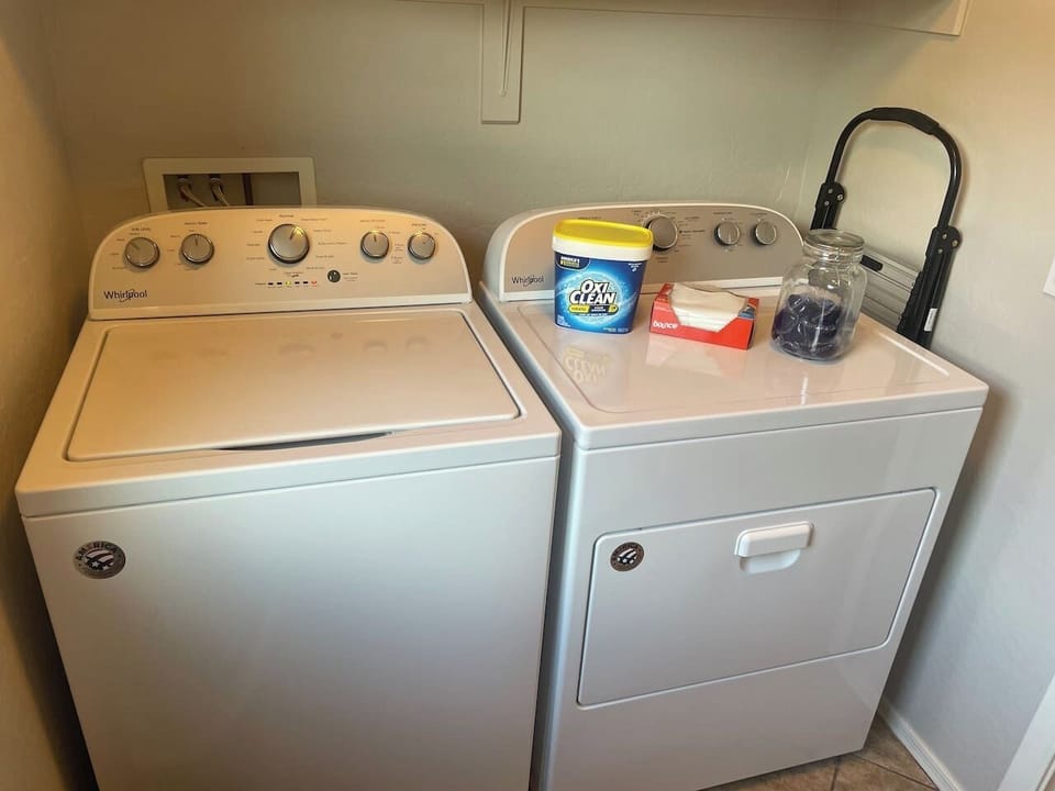 Large capacity washer and dryer with  everything you need.  We have laundry pods, fabric sheets & oxyclean for our guests use.  No need to pack wet swimsuits into your suitcases. 