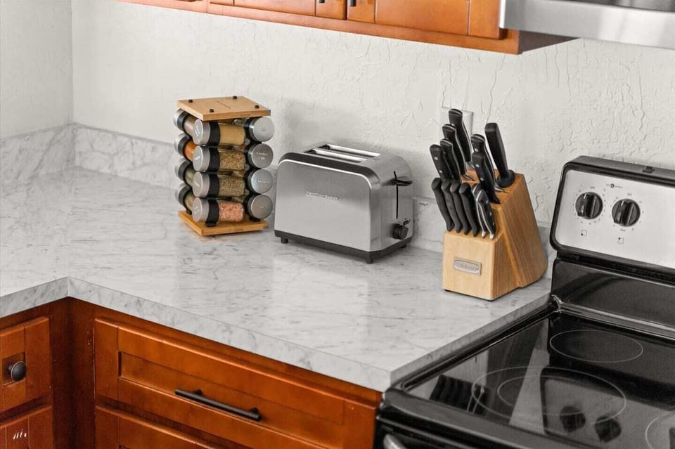 We include several kitchen amenities including spices, Cuisinart knives, olive oil and more.